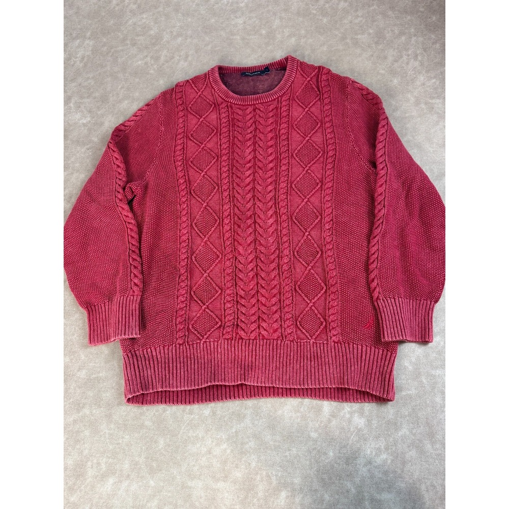 Nautica Mens Cable FishermanKnit Pullover Crewneck Sweater 100% Cotton Red Large